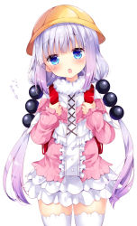 Rule 34 | 10s, 1girl, :o, backpack, bag, beads, blouse, blue eyes, blunt bangs, blush, bow, buttons, capelet, center frills, cowboy shot, dragon girl, dress, frilled capelet, frilled skirt, frills, gothic lolita, gradient hair, hair beads, hair ornament, hands up, hat, kanna kamui, kobayashi-san chi no maidragon, light purple hair, lolita fashion, long hair, long sleeves, looking at viewer, low twintails, microdress, multicolored hair, nogi takayoshi, open mouth, purple hair, randoseru, school hat, shirt, simple background, skirt, smile, solo, tail, thighhighs, twintails, very long hair, white background, white hair, white thighhighs, yellow hat