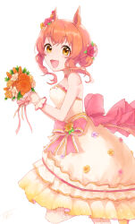 Rule 34 | 1girl, animal ears, back bow, bare shoulders, bouquet, bow, carrot, commentary request, cowboy shot, dress, ear ornament, flower, frilled dress, frills, from side, gloves, hair bun, hair flower, hair ornament, highres, holding, holding bouquet, horse ears, horse girl, kusumura, looking at viewer, mayano top gun (sunlight bouquet) (umamusume), mayano top gun (umamusume), official alternate costume, official alternate hairstyle, orange eyes, orange hair, pink bow, short hair, signature, simple background, sleeveless, sleeveless dress, smile, solo, umamusume, wedding dress, white background, white dress, white gloves