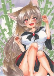 Rule 34 | 1girl, absurdres, animal ears, bamboo, bamboo forest, blush, breasts, brooch, brown hair, cleavage, dress, fang, female focus, fingernails, forest, full moon, highres, imaizumi kagerou, jewelry, large breasts, long hair, long sleeves, looking at viewer, marker (medium), moon, nail polish, nature, open mouth, panties, pantyshot, red eyes, smile, solo, tail, touhou, traditional media, underwear, wolf ears, wolf tail, yuuki chima