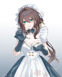 Rule 34 | 1girl, :d, alternate costume, apron, aqua eyes, bead necklace, beads, blue gloves, breasts, brown hair, cleavage, commentary request, cowboy shot, enmaided, gloves, gradient background, grey background, hair intakes, hat, highres, holding, holding spoon, honkai: star rail, honkai (series), jewelry, long hair, looking at viewer, maid, medium breasts, mob cap, necklace, open mouth, rice, ruan mei (honkai: star rail), smile, solo, spoon, standing, very long hair, white apron, white background, yukiri (l ii)