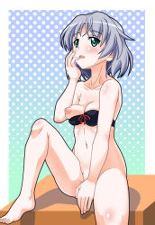 Rule 34 | 1girl, barefoot, between legs, bikini, black bikini, blush, bottomless, breasts, collarbone, doku donguri, female focus, green eyes, grey hair, hand between legs, hand on own face, medium breasts, navel, nipples, one breast out, open mouth, polka dot, polka dot background, sanya v. litvyak, shiny skin, short hair, simple background, solo, spread legs, strike witches, swimsuit, world witches series