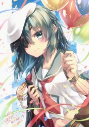 Rule 34 | 1girl, bad id, bad pixiv id, balloon, belt buckle, belt pouch, blue sky, blush, breasts, buckle, closed mouth, confetti, dutch angle, eyepatch, flat cap, green eyes, green hair, hair between eyes, hat, highres, holding, kantai collection, kiso (kancolle), kiso kai ni (kancolle), light particles, long hair, looking back, navel, neckerchief, one eye covered, outside border, pouch, red neckerchief, school uniform, serafuku, shirt, short sleeves, signature, sky, small breasts, smile, solo, upper body, white hat, white shirt, wristband, yuihira asu