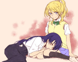 Rule 34 | 10s, 2girls, ayase eli, blonde hair, blue hair, blush, closed eyes, hand on another&#039;s back, long hair, looking at another, love live!, love live! school idol project, multiple girls, ponytail, sakura ai ke, school uniform, short hair, sketch, skirt, sleeping, sleeping on person, smile, sonoda umi, sweater vest