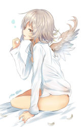 Rule 34 | 1girl, arm support, bottomless, breasts, dated, feathers, houdukixx, kishin sagume, looking at viewer, naked shirt, no pants, profile, red eyes, see-through, shirt, short hair, silver hair, simple background, sitting, small breasts, solo, touhou, white background, wings, yokozuwari