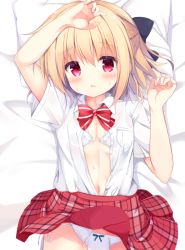 Rule 34 | 1boy, arm up, bed sheet, black bow, blonde hair, blush, bow, bow panties, bra, breasts, clothes lift, collared shirt, commentary request, dress shirt, fingernails, hair between eyes, hair bow, kujou danbo, linea alba, looking at viewer, lying, male focus, navel, on back, open bra, open clothes, open shirt, original, panties, parted lips, pillow, plaid, plaid skirt, pleated skirt, red bow, red eyes, red skirt, school uniform, shirt, short sleeves, side-tie panties, skirt, skirt around belly, small breasts, solo, striped, striped bow, trap, underwear, white bra, white panties, white shirt