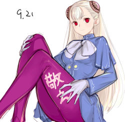 Rule 34 | 1girl, albino, ascot, blue capelet, breasts, capcom fighting jam, capelet, commentary request, dated, hairpods, highres, ingrid (capcom), legs up, long hair, looking at viewer, pantyhose, platinum blonde hair, purple pantyhose, red eyes, sitting, sketch, small breasts, solo, tetsu (kimuchi), translated