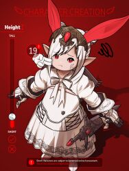 Rule 34 | a-pose, absurdres, animal ears, armor, attribute slider, center opening, disembodied hand, double bun, dress, english text, facial mark, fake animal ears, final fantasy, final fantasy xiv, frown, gameplay mechanics, gauntlets, gloves, greaves, hair bun, highres, juliet sleeves, lalafell, long bangs, long sleeves, looking at viewer, looking up, neck ribbon, pafflez, pointy ears, poking, puffy sleeves, rabbit ears, red background, red eyes, ribbon, scabbard, shadow, sheath, short hair, squiggle, sword, tiara, unamused, warrior of light (ff14), weapon, whisker markings, white dress, white footwear, white gloves, white hair, white ribbon