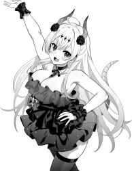 +_+ 1girl ahoge arm_up armpits azur_lane azur_lane:_slow_ahead bare_shoulders black_dress black_thighhighs breasts cleavage cross-shaped_pupils crossed_bangs dragon_tail dress fang flower frilled_dress frills greyscale hair_flower hair_ornament hand_on_own_hip hori_(hori_no_su) horns large_breasts monochrome official_alternate_costume official_art open_mouth short_dress simple_background sleeveless sleeveless_dress smile solo suffren_(azur_lane) suffren_(unrivaled_winsomeness)_(azur_lane) symbol-shaped_pupils tail thighhighs white_background