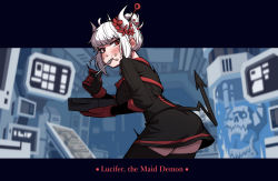 Rule 34 | 1girl, absurdres, ass, black thighhighs, blurry, blurry background, blush, breasts, demon girl, demon horns, demon tail, fangs, flower, food, food on face, fork, from side, gigle, gloves, hair flower, hair ornament, hair stick, helltaker, highres, holding, horns, indoors, looking at viewer, lucifer (helltaker), mittens, mole, mole under eye, red eyes, red flower, red gloves, short hair, skindentation, skull, solo, tail, thighhighs, white hair, white horns
