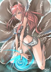 Rule 34 | 1girl, ahri (league of legends), alternate costume, alternate eye color, alternate hair color, animal ears, breasts, cleavage, covered erect nipples, deathklovc, energy ball, facial mark, fox ears, fox tail, highres, kneeling, league of legends, light smile, long hair, looking at viewer, midriff, red eyes, red hair, solo, tail, whisker markings