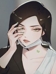 Rule 34 | 1girl, animification, black hair, black jacket, collarbone, commentary, english commentary, green eyes, green nails, grey background, head tilt, highres, hyoon (sockgyu), jacket, jewelry, looking at viewer, mask, mouth mask, nail polish, off shoulder, portrait, ring, short hair, solo, sticker, surgical mask, tank top, valorant, viper (valorant), white tank top