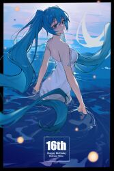 Rule 34 | 1girl, absurdres, alternate costume, aqua hair, bare arms, bare shoulders, black border, blue eyes, border, breasts, character name, commentary, dress, happy birthday, hatsune miku, highres, long hair, looking at viewer, medium breasts, paradox (parapa), parted lips, solo, strap slip, twintails, very long hair, vocaloid, wading, water, white dress