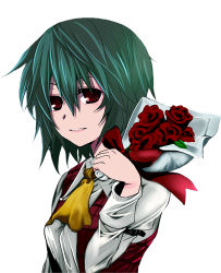 Rule 34 | 1girl, arm garter, ascot, bad id, bad pixiv id, bouquet, female focus, flower, green hair, kazami yuuka, lipstick, lowres, makeup, plaid, plaid vest, red eyes, red flower, red rose, rose, simple background, smile, solo, toraneko, touhou, upper body, vest, white background