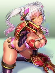 Rule 34 | 1girl, :d, ass, blush, bra, breasts, cleavage, doyouwantto, elbow gloves, fang, frame arms girl, gloves, headgear, holding, holding weapon, hresvelgr, kneeling, looking at viewer, open mouth, purple bra, purple gloves, silver hair, smile, solo, thighhighs, twintails, underwear, weapon, yellow eyes