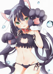 Rule 34 | 1girl, animal ear fluff, animal ears, animal hands, bad id, bad pixiv id, bare shoulders, black bra, black gloves, black panties, blush, bow, bra, breasts, cat cutout, cat ear panties, cat ears, cat girl, cat lingerie, cat tail, cleavage, cleavage cutout, clothing cutout, collar, collarbone, commentary request, cowboy shot, fang, frilled bra, frills, fur-trimmed gloves, fur trim, gloves, green eyes, grey background, groin, hair between eyes, hair bow, hands up, head tilt, highres, karyl (princess connect!), long hair, looking at viewer, low twintails, meme attire, minato yu (0514), multicolored hair, navel, panties, parted lips, paw gloves, princess connect!, purple bow, red collar, side-tie panties, simple background, small breasts, solo, streaked hair, tail, twintails, underwear, underwear only, very long hair, water drop, white hair