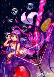 Rule 34 | 1girl, bubble, cherry, cocktail glass, collarbone, cup, dated, drinking glass, fins, food, fruit, head fins, highres, jewelry, long hair, mermaid, monster girl, nail polish, necklace, orange (fruit), orange slice, original, purple eyes, purple hair, purple nails, signature, solo, touhate usagi