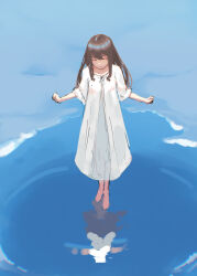 Rule 34 | 1girl, absurdres, brown hair, clenched hands, closed eyes, closed mouth, day, dress, highres, long hair, original, outdoors, potatomochii, soaking feet, solo, water, white dress