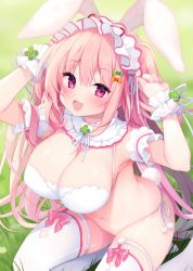Rule 34 | 1girl, adjusting clothes, adjusting headwear, animal ears, armband, armpit crease, bare shoulders, blush, bow, bra, breasts, cleavage, clover, detached collar, eyes visible through hair, four-leaf clover, frills, from above, garter straps, grass, hair between eyes, hair bow, hair ornament, hairband, hairclip, hands up, kneeling, lace, lace-trimmed bra, lace trim, large breasts, long hair, looking at viewer, navel, open mouth, original, panties, pink eyes, pink hair, rabbit ears, rabbit tail, shiika yuno, side-tie panties, sidelocks, smile, solo, strap gap, tail, thighhighs, thighs, twintails, underwear, very long hair, white bra, white panties, white thighhighs, wrist cuffs