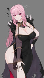 Rule 34 | 1girl, ?, absurdres, black cape, black dress, black nails, black thighhighs, breasts, cape, cleavage cutout, clothing cutout, detached sleeves, dress, grey background, head tilt, highres, hololive, hololive english, large breasts, long hair, looking to the side, mibe (suiseichu), mori calliope, nail polish, pink hair, red eyes, single detached sleeve, single thighhigh, solo, spikes, thighhighs, virtual youtuber, wide hips
