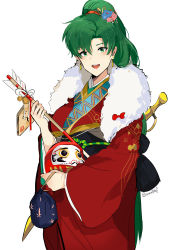 Rule 34 | 1girl, :d, absurdres, alternate costume, arrow (projectile), bag, bell, blush, daruma doll, earrings, ema, fire emblem, fire emblem: the blazing blade, flower, fur collar, green hair, greyscale, hair flower, hair ornament, hamaya, highres, holding, japanese clothes, jewelry, jingle bell, kimono, long hair, long sleeves, looking at viewer, lyn (fire emblem), monochrome, nintendo, open mouth, ormille, ponytail, red kimono, round teeth, simple background, smile, solo, standing, teeth, white background, wide sleeves