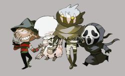 Rule 34 | 1girl, 3boys, a nightmare on elm street, bag over head, bandages, black gloves, burn scar, chibi, claw (weapon), dead by daylight, floating, freddy krueger, ghostface, gloves, grin, hat, hood, hooded coat, knife, long sleeves, mask, multiple boys, newo (shinra-p), running, saw, scar, scream (movie), smile, standing, the nurse (dead by daylight), the wraith (dead by daylight), weapon, yellow eyes