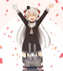 Rule 34 | 10s, 1girl, ^ ^, ^o^, amatsukaze (kancolle), annin musou, arms up, bad id, bad twitter id, black dress, closed eyes, dress, fang, garter straps, gloves, hair tubes, highres, kantai collection, lifebuoy, long hair, long sleeves, rensouhou-kun, sailor collar, sailor dress, silver hair, single glove, smile, solo, swim ring, thighhighs, two side up, white gloves, white sailor collar