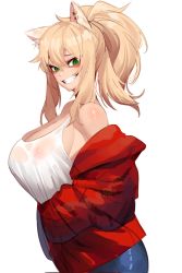 Rule 34 | 1girl, animal ears, bare shoulders, blonde hair, breasts, character request, copyright request, ear piercing, green eyes, grin, highres, in (ain), jacket, large breasts, long hair, looking at viewer, piercing, ponytail, red jacket, sidelocks, simple background, slit pupils, smile, solo, upper body, white background