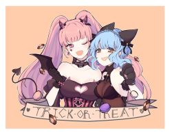 Rule 34 | 2girls, animal ears, animal hands, black gloves, blue hair, blunt bangs, braid, breasts, brown eyes, cat ears, cat paws, cleavage, cleavage cutout, clothing cutout, costume, crown braid, english text, fake animal ears, female focus, fire emblem, fire emblem: three houses, gloves, hair ribbon, halloween, halloween costume, heart cutout, highres, hilda valentine goneril, long hair, marianne von edmund, matching hair/eyes, multiple girls, nintendo, octoboo, one eye closed, open mouth, orange background, pink eyes, pink hair, ribbon, see-through, simple background, trick or treat, twintails, upper body, wink