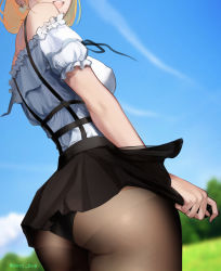 Rule 34 | 1girl, ass, bare shoulders, black panties, black pantyhose, black skirt, blonde hair, breasts, doot bug, field, head out of frame, highres, hololive, hololive english, medium breasts, miniskirt, open mouth, outdoors, panties, panties under pantyhose, pantyhose, pantyshot, short hair, skirt, sky, smile, solo, suspenders, tree, underwear, virtual youtuber, watson amelia, watson amelia (street casual)