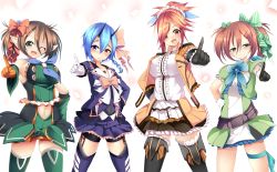Rule 34 | 4girls, azanami (pso2), bare shoulders, blue hair, brown eyes, brown hair, gloves, green eyes, hair between eyes, heterochromia, highres, horns, io (pso2), looking at viewer, multiple girls, one eye closed, patty (pso2), phantasy star, phantasy star online 2, pointy ears, short hair, sukage, tattoo, tear (pso2), thighhighs, tiea, twintails