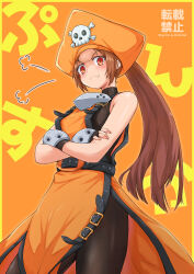 Rule 34 | 1girl, bare shoulders, belt, black bodysuit, black gloves, blush, bodysuit, brown eyes, brown hair, closed mouth, crossed arms, fingerless gloves, gloves, gottsu, guilty gear, guilty gear x, guilty gear xx, hat, highres, long hair, looking at viewer, may (guilty gear), orange background, pirate hat, ponytail, pout, simple background, skull and crossbones, solo, v-shaped eyebrows