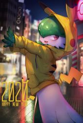 Rule 34 | 1girl, 2020, animal ears, animal hood, arms up, blurry, blurry background, blush, blush stickers, colored skin, cosplay, creatures (company), drawstring, english text, fake animal ears, fake tail, female focus, game freak, gardevoir, gen 1 pokemon, gen 3 pokemon, glowing, green hair, green skin, hair over one eye, happy, happy new year, highres, hood, hoodie, kashu (hizake), looking to the side, multicolored skin, new year, night, nintendo, open mouth, outdoors, outstretched arm, pikachu, pikachu (cosplay), pikachu tail, poke ball symbol, poke ball theme, pokemon, pokemon center, pokemon swsh, pokemon tail, red eyes, short hair, smile, solo, standing, sweater, tail, two-tone skin, white skin, yellow sweater