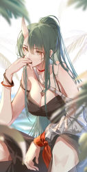 Rule 34 | 1girl, arknights, bare arms, bare shoulders, breasts, clouble, eyebrows hidden by hair, food, green hair, hair between eyes, highres, horns, hoshiguma (arknights), jacket, jewelry, large breasts, long hair, looking at viewer, official alternate costume, onigiri, pants, ponytail, ring, single horn, sitting, skin-covered horns, sleeveless, solo, swimsuit, wristband, yellow eyes