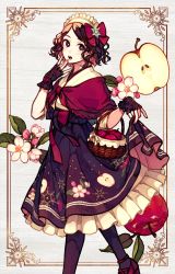 Rule 34 | 1girl, :o, akagi shun, apple, apple print, basket, black dress, black gloves, black pantyhose, blush, border, bow, brown hair, capelet, dress, feet out of frame, fingerless gloves, flower, food, frilled dress, frills, fruit, gloves, grey background, hair bow, hand on own face, lolita fashion, looking at viewer, maid headdress, open mouth, original, pantyhose, parted bangs, pink flower, print dress, red bow, red capelet, red eyes, short hair, skirt hold, solo, walking