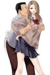 Rule 34 | 1boy, 1girl, age difference, grabbing another&#039;s breast, breasts, dry humping, fat, fat man, grabbing, humping, large breasts, long hair, motion lines, older man and younger girl, school uniform, skirt