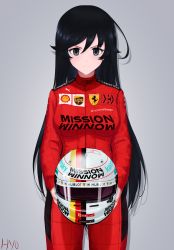 Rule 34 | 1girl, absurdres, ahoge, artist name, black eyes, black hair, closed mouth, commentary, cowboy shot, english commentary, ferrari, formula one, girls und panzer, grey background, helmet, highres, holding, holding helmet, hyo (lhyorin), isuzu hana, jumpsuit, logo, long hair, long sleeves, looking at viewer, motorcycle helmet, racing suit, red jumpsuit, shadow, signature, simple background, smile, solo, standing, white headwear