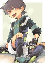 Rule 34 | 1boy, absurdres, bike jersey, bike shorts, bike shorts under shorts, black hair, border, bright pupils, gloves, grass, highres, looking at viewer, male focus, ocha (kinnkonnsousai), on ground, original, outside border, red eyes, shoes, short hair, shorts, socks, solo, sportswear, tongue, tongue out, white border, white pupils, white shorts