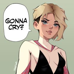 Rule 34 | 1girl, artist name, asymmetrical hair, blonde hair, blue eyes, bodysuit, breasts, commentary, english commentary, english text, eyebrow piercing, green background, gwen stacy, marvel, medium breasts, open mouth, piercing, short hair, sidecut, solo, speech bubble, spider-gwen, spider-man: into the spider-verse, spider-man (series), spider-man 2, spider-man 3, spider-verse, talt lo, two-tone bodysuit, undercut, upper body
