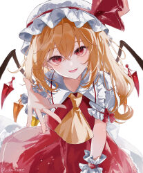 Rule 34 | 1girl, blonde hair, blush, collared shirt, fang, flandre scarlet, frilled shirt collar, frills, hat, highres, long hair, looking at viewer, mob cap, neckerchief, one side up, open mouth, red eyes, red skirt, red vest, shirt, simple background, skirt, smile, solo, touhou, uzmee, vest, white background, white hat, white shirt, yellow neckerchief