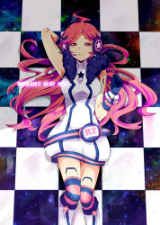 Rule 34 | 1girl, ahoge, arm behind head, armpits, blue gloves, character name, checkered floor, copyright name, dress, from above, gloves, highres, long hair, looking at viewer, lying, on back, parted bangs, red eyes, red hair, sf-a2 miki, short dress, sleeveless, sleeveless dress, solo, striped clothes, striped thighhighs, thighhighs, very long hair, vocaloid, white dress, yaoshi jun