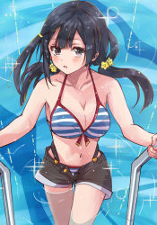 Rule 34 | 1girl, bikini, black hair, blush, breasts, cleavage, collarbone, commentary request, grey eyes, highres, large breasts, long hair, looking at viewer, love live!, love live! nijigasaki high school idol club, low twintails, pool, ryxxxxx, side ponytail, sidelocks, solo, striped bikini, striped clothes, swimsuit, twintails, water, yuuki setsuna (love live!)