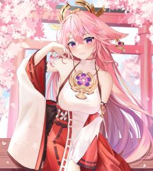Rule 34 | 1girl, absurdres, animal ears, arm up, bare shoulders, breasts, cherry blossoms, closed mouth, collarbone, commentary, crossed bangs, earrings, floppy ears, fox ears, genshin impact, hair between eyes, hair ornament, hakama, hakama skirt, highres, japanese clothes, jewelry, large breasts, long hair, nontraditional miko, pink hair, purple eyes, red skirt, ribbon trim, shirt, skirt, sleeveless, sleeveless shirt, smile, solo, symbol-only commentary, torii, turtleneck, very long hair, white shirt, white sleeves, wide sleeves, yae miko, yshnc22