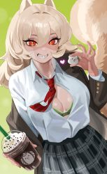 Rule 34 | 1girl, absurdres, animal ears, black jacket, blonde hair, blouse, bra, breasts, bright pupils, cleavage, collared shirt, commission, cowboy shot, cup, green background, green bra, hair between eyes, heart, highres, holding, holding cup, jacket, large breasts, long hair, necktie, nia (nia4294), original, paris (lionheartreaver), partially unbuttoned, plaid, plaid skirt, pleated skirt, red eyes, red necktie, shirt, shirt tucked in, skirt, solo, tail, underwear, white pupils, white shirt