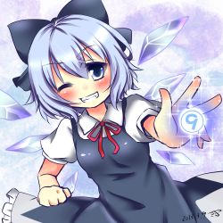 Rule 34 | circled 9, 1girl, blue eyes, blue hair, bow, cirno, clenched teeth, grin, hair bow, highres, ice, ice wings, matching hair/eyes, one eye closed, sisterakuma, smile, solo, teeth, touhou, wings