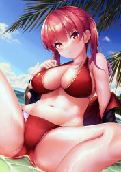 Rule 34 | 1girl, absurdres, arrow through heart, bare shoulders, beach, bikini, blush, breasts, cleavage, closed mouth, cloud, collarbone, day, groin, hand on own chest, heterochromia, highres, hololive, houshou marine, houshou marine (summer), jacket, kakikurui, large breasts, long hair, looking at viewer, navel, ocean, off-shoulder jacket, off shoulder, open clothes, open jacket, outdoors, red bikini, red eyes, red hair, ribbon, sitting, sky, smile, solo, swimsuit, thighs, twintails, virtual youtuber, water, wet, yellow eyes