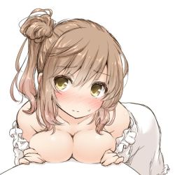 Rule 34 | 1girl, blush, breasts, brown eyes, brown hair, cleavage, closed mouth, collarbone, commission, covering nipples, covering privates, dress, hair bun, large breasts, leaning forward, long hair, satou sasara, side ponytail, single hair bun, skeb commission, solo, voiceroid, white dress