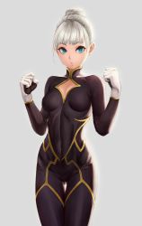 Rule 34 | 1girl, arms up, black bodysuit, bodysuit, breast cutout, breasts, breasts apart, comic, covered navel, gloves, gluteal fold, grey background, hair bun, highres, looking at viewer, medium breasts, original, sidelocks, silver hair, simple background, single hair bun, solo, standing, thick eyebrows, white gloves, yamaneko (tkdrumsco)