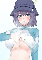 Rule 34 | 1girl, blue archive, blush, breasts, bucket hat, cleavage, clothes lift, halo, hat, highres, large breasts, lifting own clothes, long sleeves, looking at viewer, official alternate costume, poshi (ginmokusei), purple hair, raglan sleeves, rash guard, saki (blue archive), saki (swimsuit) (blue archive), simple background, solo, steam, steaming body, sweatdrop, sweaty clothes, swimsuit lift, underboob, upper body, white background