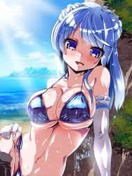Rule 34 | 10s, 1girl, bikini, blue eyes, blue hair, blue sky, blush, breasts, commentary request, day, double bun, elbow gloves, gloves, hat, kantai collection, large breasts, light rays, long hair, looking at viewer, miuku (marine sapphire), mountain, navel, ocean, open mouth, sky, smile, solo, sunbeam, sunlight, sweat, swimsuit, urakaze (kancolle), white gloves