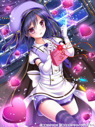 Rule 34 | 1girl, bag, beads, black hair, blush, breasts, cape, center frills, diffraction spikes, dutch angle, elbow gloves, frills, gloves, glowing, hair between eyes, hands up, hat, hat ribbon, heart, holding, holding bag, looking at viewer, magic circle, necktie, official art, original, parted lips, puffy short sleeves, puffy sleeves, purple eyes, purple hat, purple necktie, ribbon, seiten ragnarok, shitou, short hair, short sleeves, solo, striped clothes, striped thighhighs, tassel, thighhighs, watermark, white gloves, window, zettai ryouiki